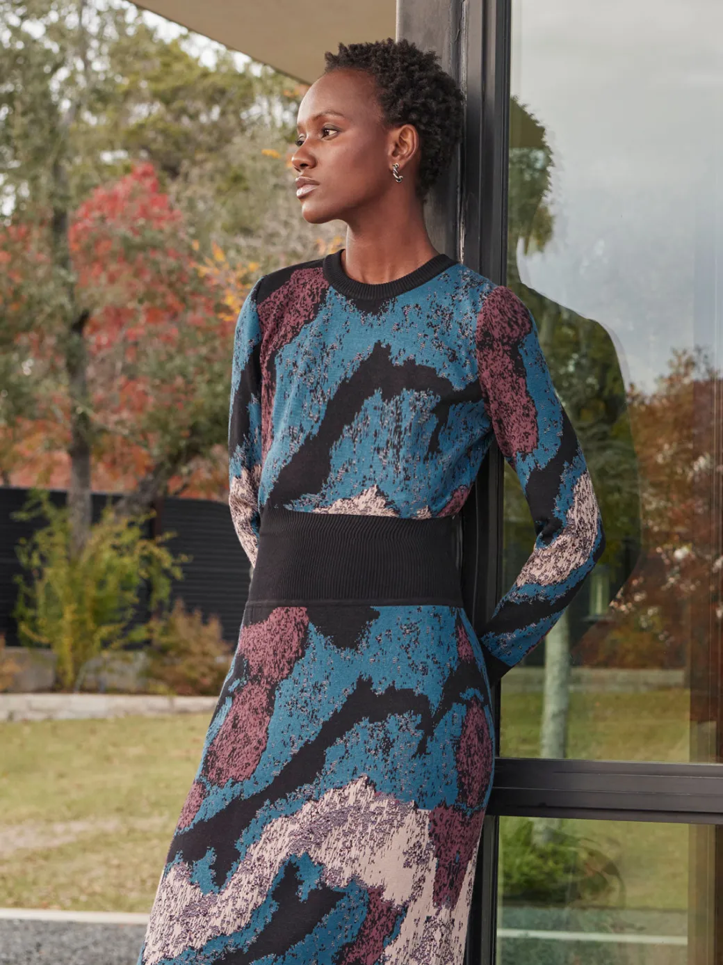 Abstract Sheath Jacquard Knit Maxi Dress|Misook Best