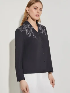 Abstract Stitch Embroidered Button-Front Crepe Blouse|Misook New