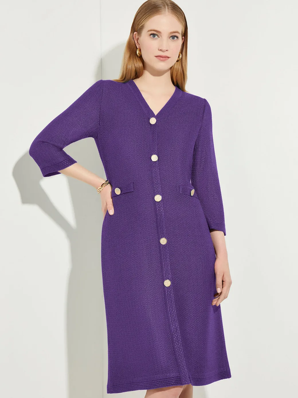 A-Line Button Detail Textured Knit Dress|Misook Sale