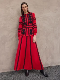 A-Line Crepe de Chine Lace Applique Maxi Skirt|Misook New