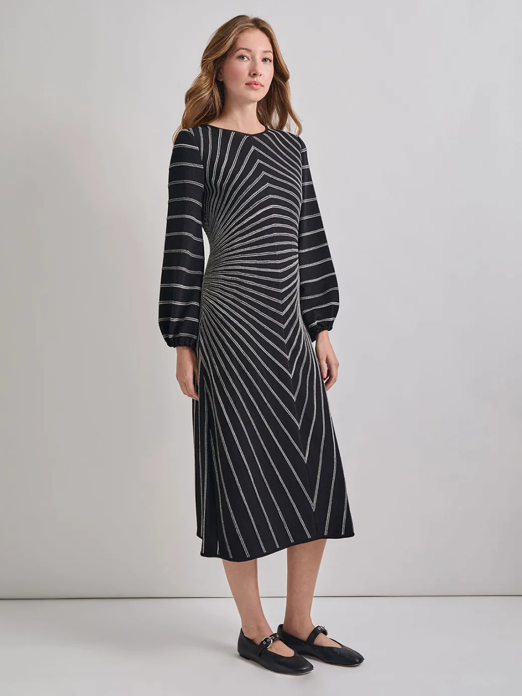 A-Line Melange Striped Soft Knit Midi Dress|Misook Hot