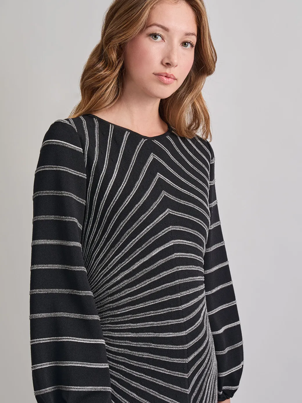 A-Line Melange Striped Soft Knit Midi Dress|Misook Hot