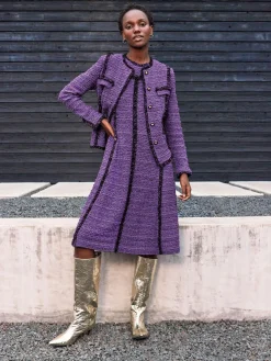 A-Line Princess Seam Fringe Trim Knit Dress|Misook Clearance