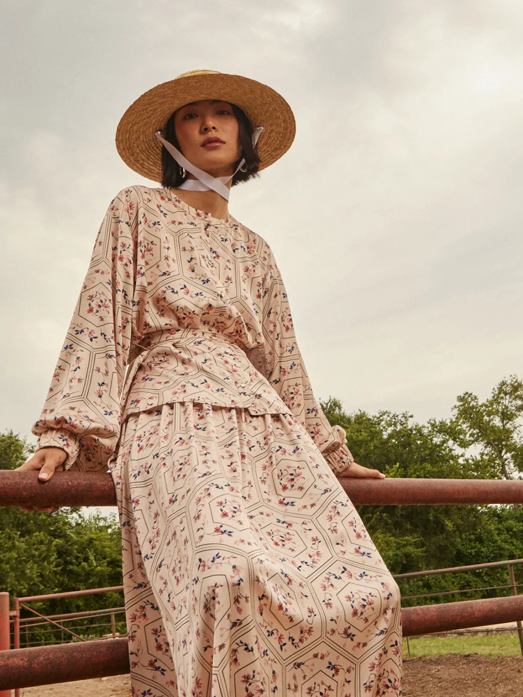 Balloon Sleeve Belted Blouse - Floral Print Crepe de Chine|Misook Hot