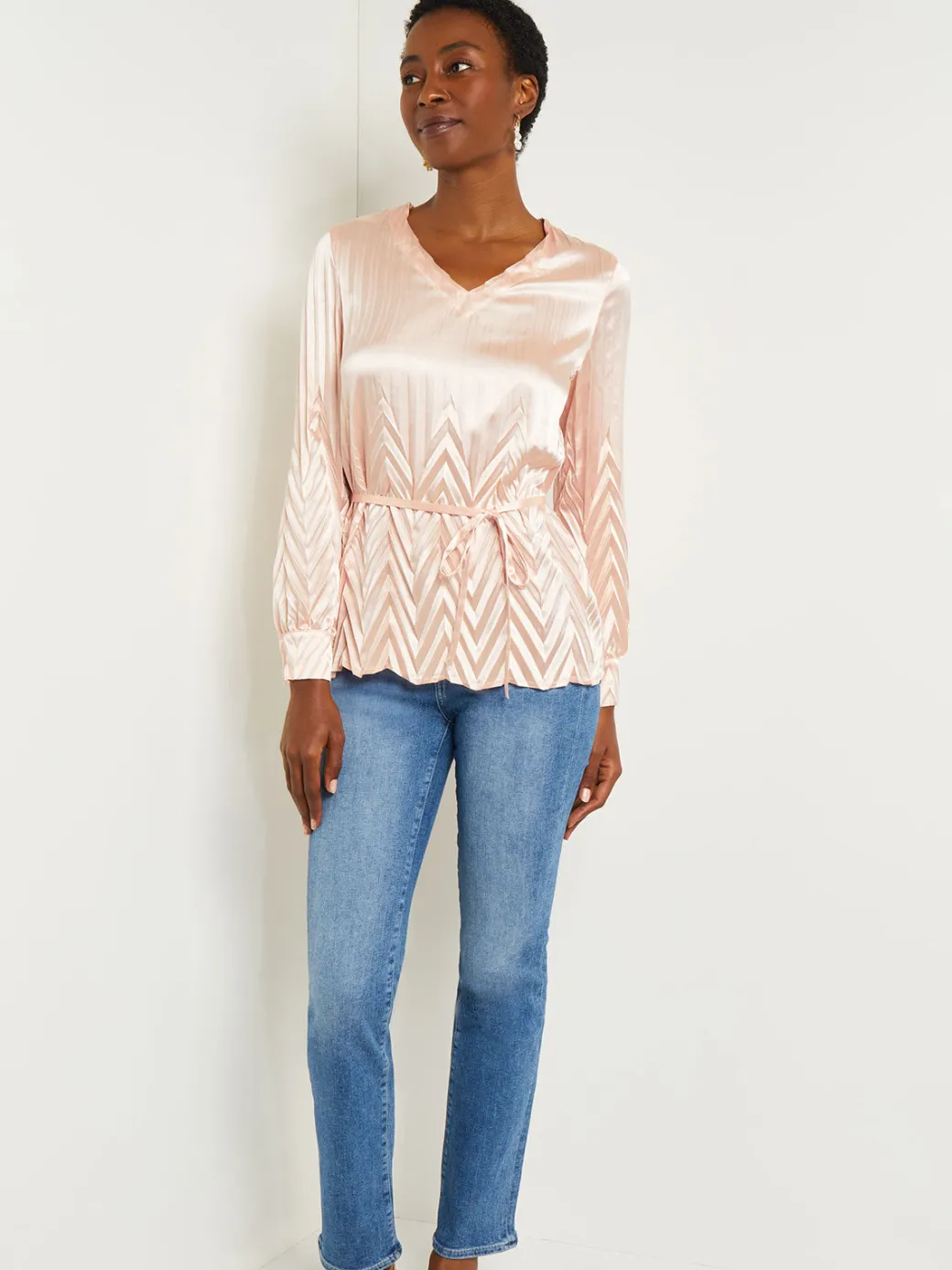 Belted Blouse - Chevron Textured Crepe de Chine|Misook Discount