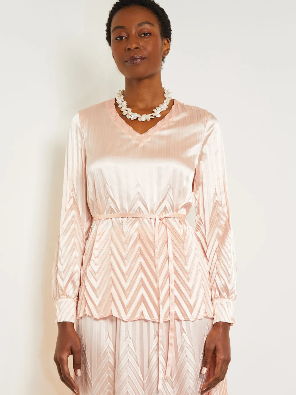 Belted Blouse - Chevron Textured Crepe de Chine|Misook Discount