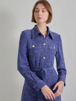 Belted Button Front Tweed Knit Midi Dress|Misook Outlet