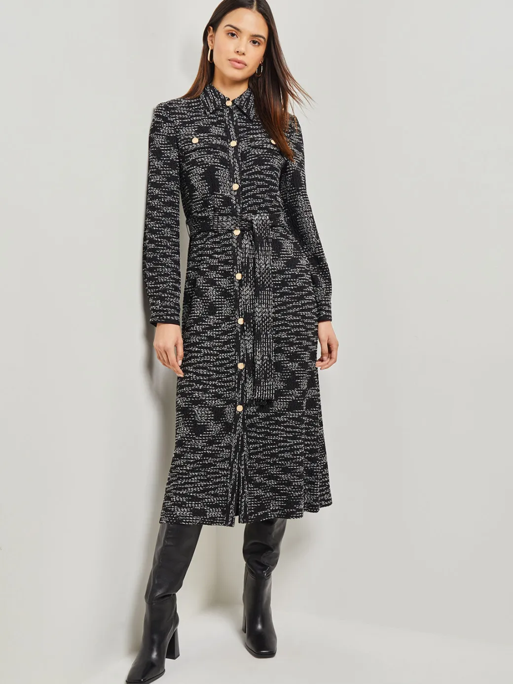 Belted Button Front Tweed Knit Midi Dress|Misook Sale