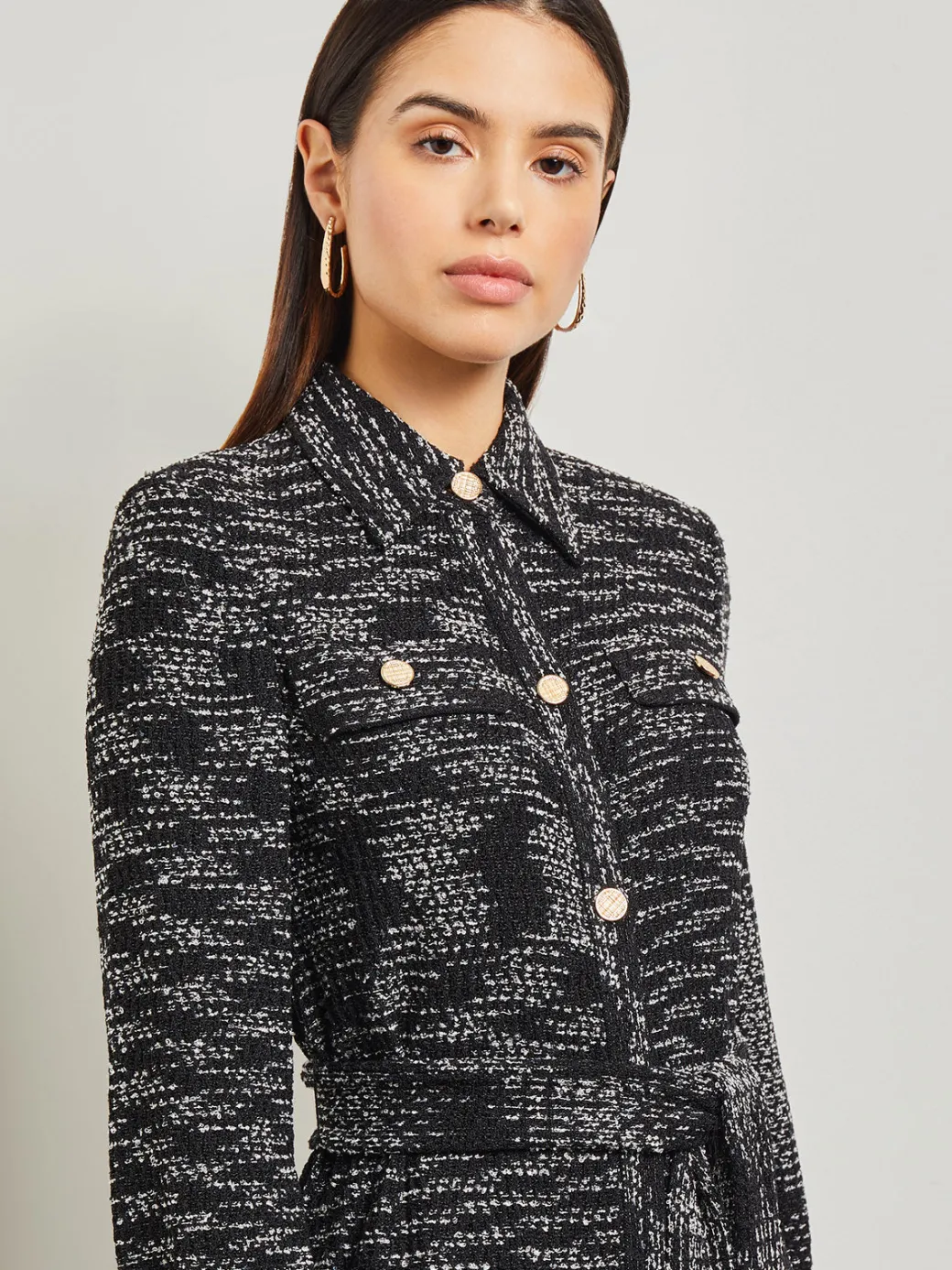 Belted Button Front Tweed Knit Midi Dress|Misook Sale