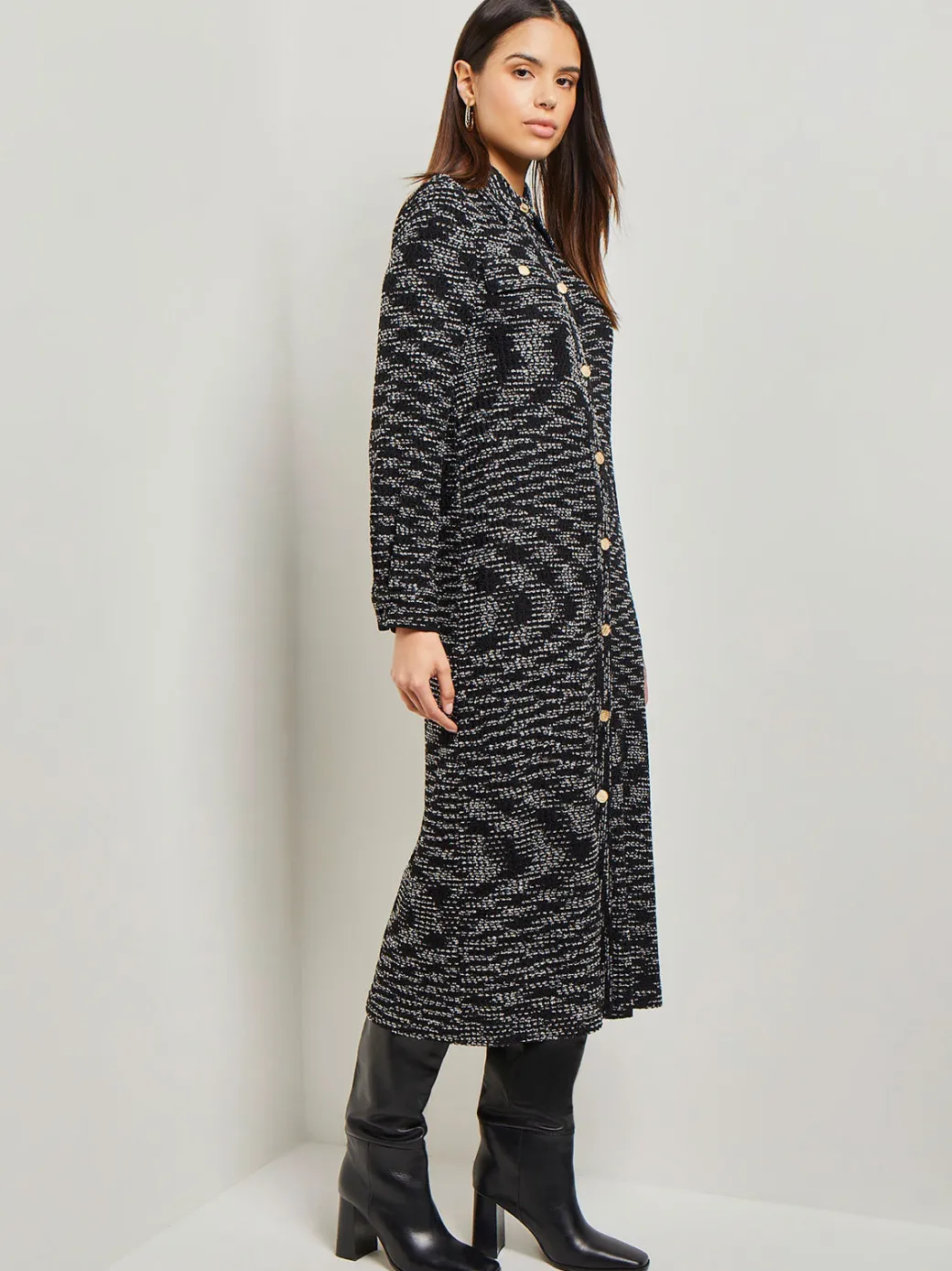 Belted Button Front Tweed Knit Midi Dress|Misook Sale