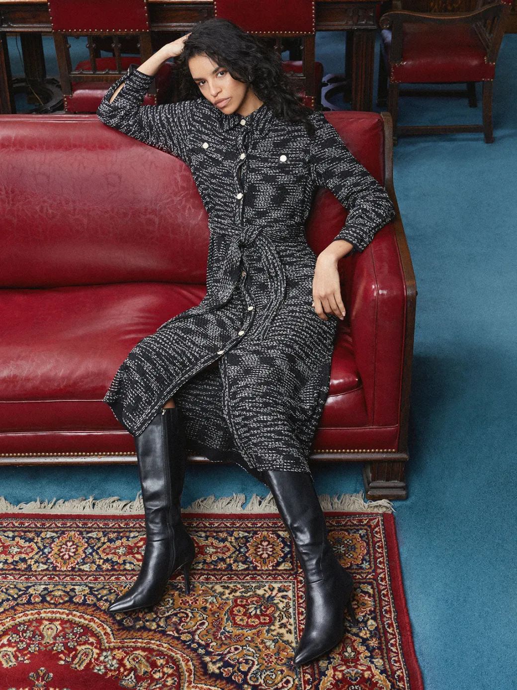 Belted Button Front Tweed Knit Midi Dress|Misook Sale