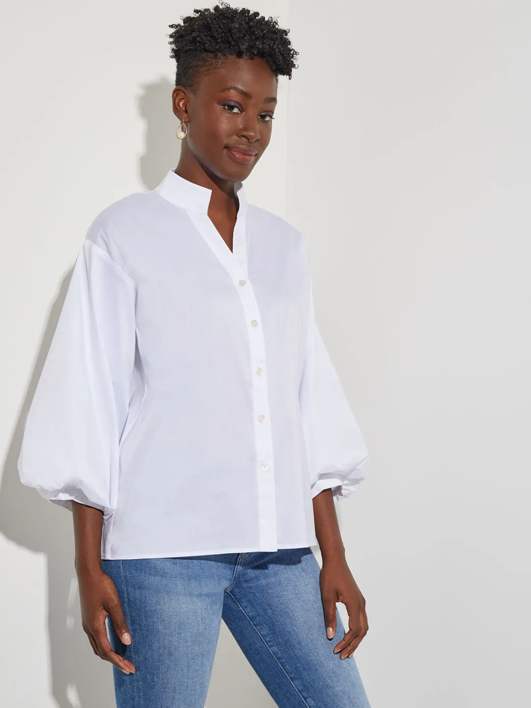 Bishop Sleeve Stretch Cotton Blouse|Misook Sale