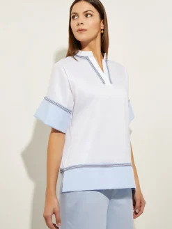 Blouse White Cotton - Split Neck Blouse ||Misook Best