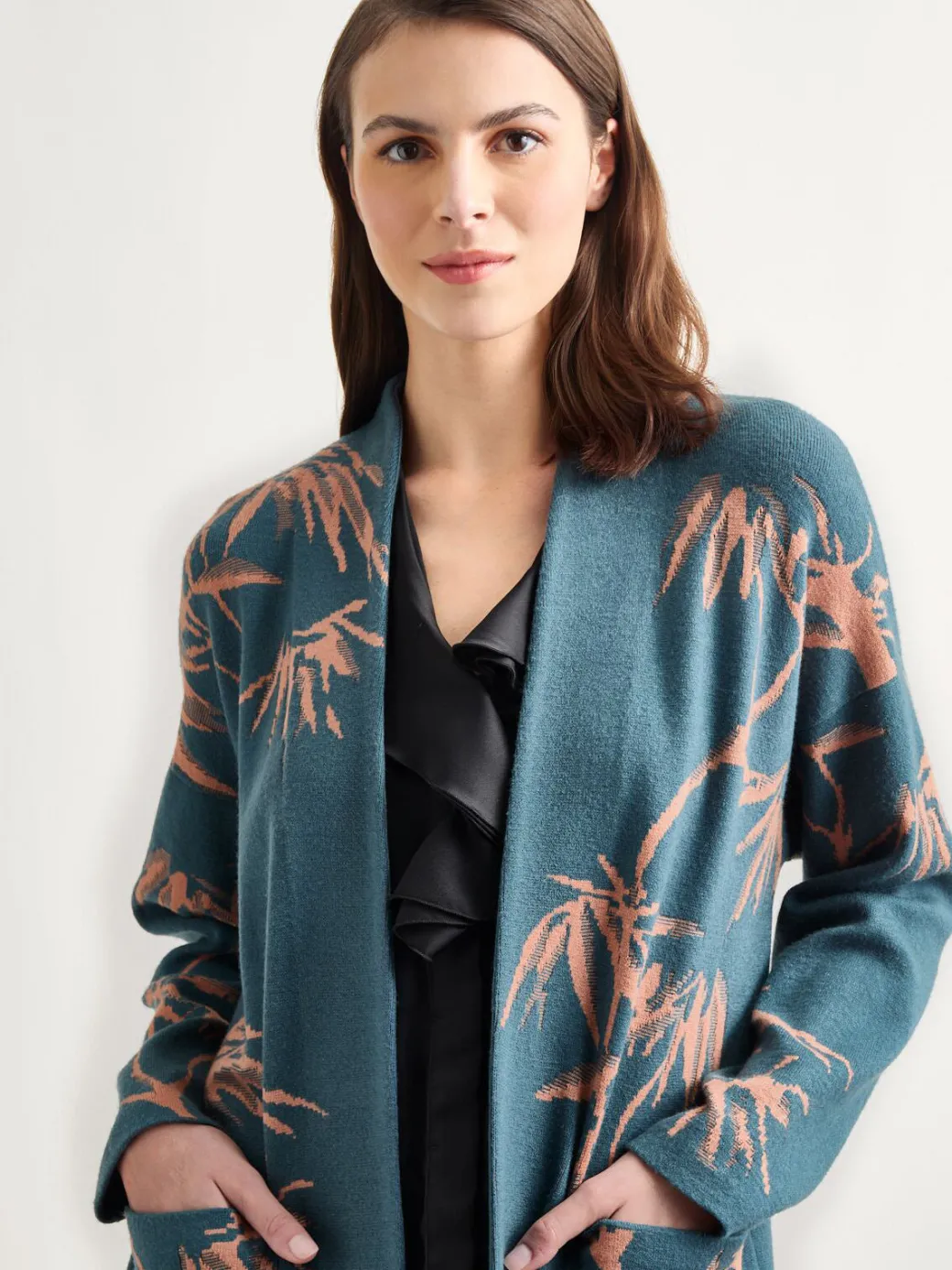 Botanical Print Open Front Long Jacquard Knit Jacket|Misook Sale