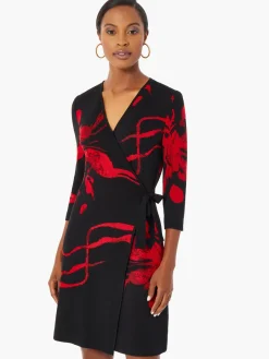Brushstroke Pattern Knit Faux Wrap Dress|Misook Discount