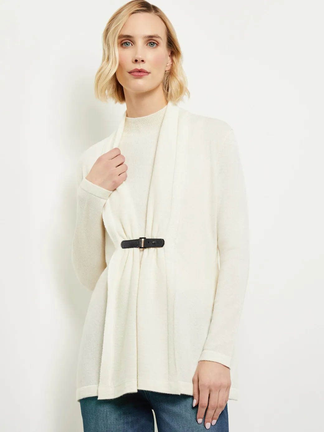 Buckle Detail Shawl Collar Cashmere Cardigan|Misook Clearance