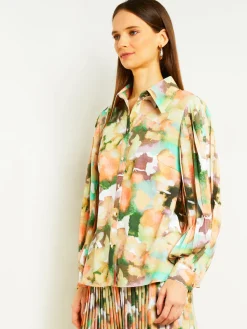 Button Front Blouse - Balloon Sleeve Watercolor Woven|Misook New