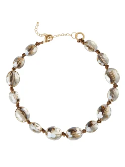 Champagne Crystal Woven Leather Necklace|Misook New