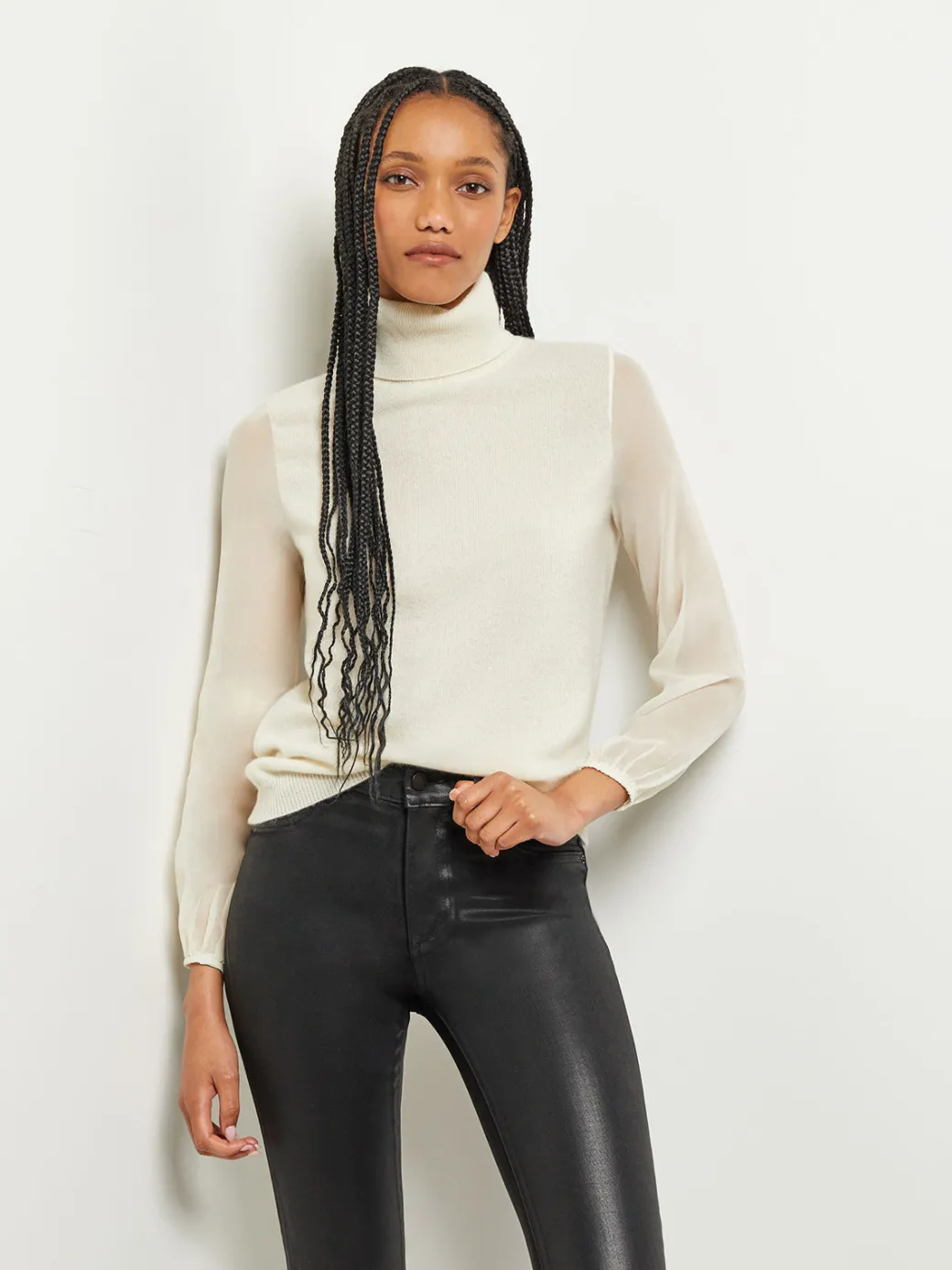 Chiffon Sleeve Cashmere Turtleneck|Misook Sale