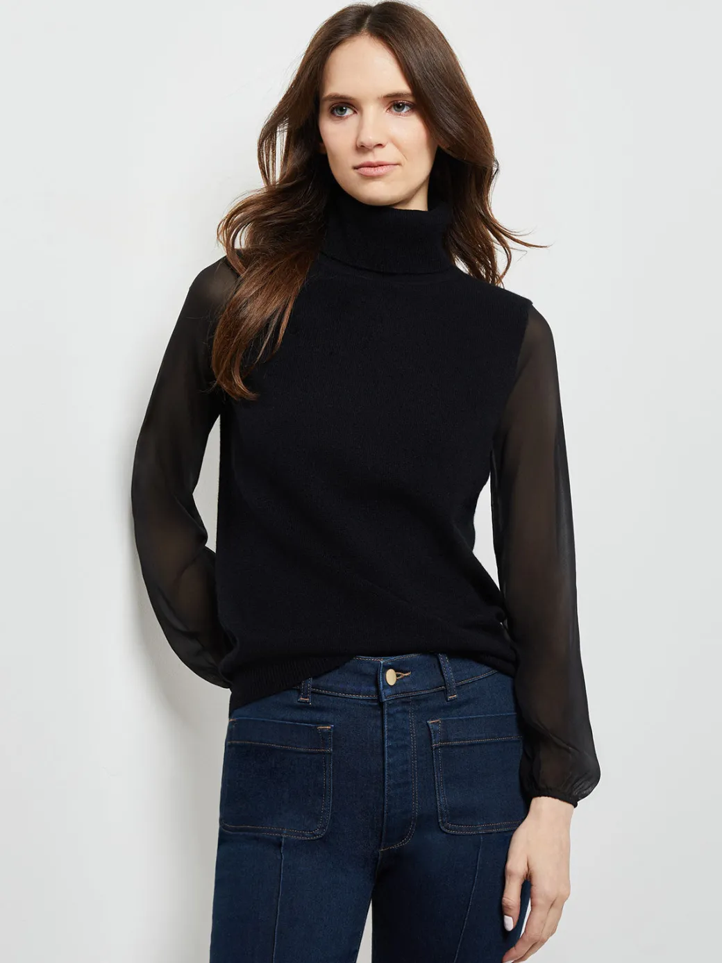Chiffon Sleeve Cashmere Turtleneck|Misook Sale