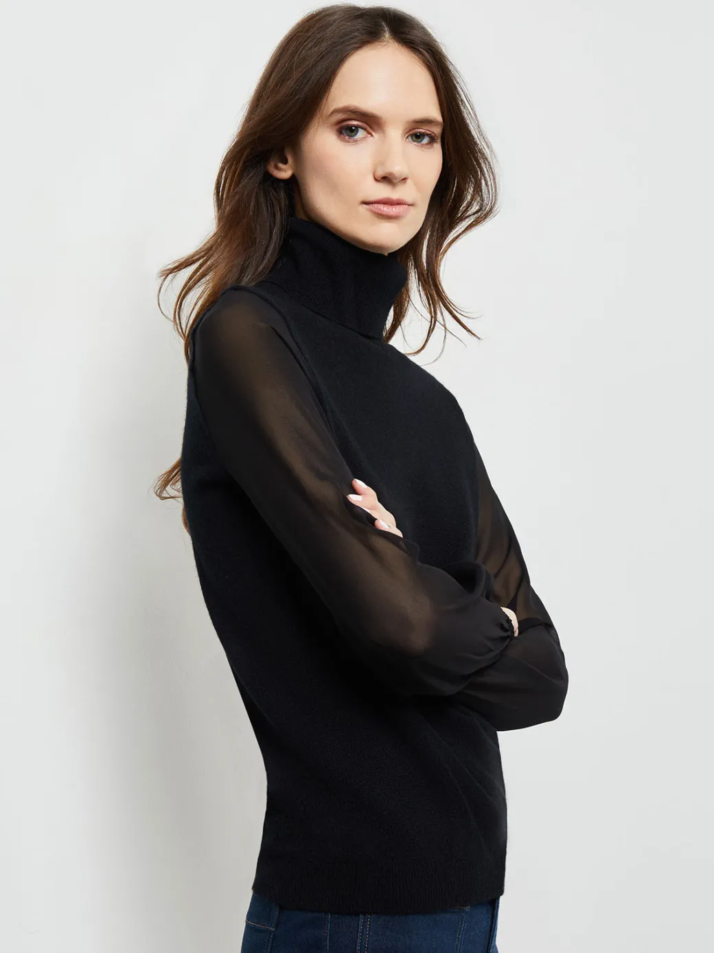 Chiffon Sleeve Cashmere Turtleneck|Misook Sale