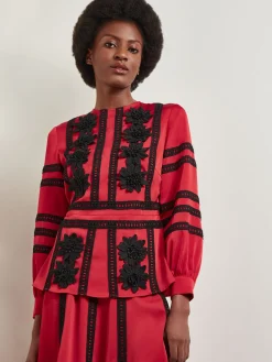 Crepe de Chine Floral Lace Peplum Blouse|Misook Hot