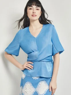 Crossover Peplum Blouse - Puff Sleeve Woven|Misook Outlet
