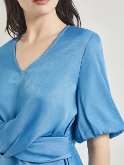 Crossover Peplum Blouse - Puff Sleeve Woven|Misook Outlet
