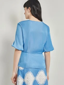 Crossover Peplum Blouse - Puff Sleeve Woven|Misook Outlet