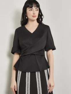 Crossover Peplum Blouse - Puff Sleeve Woven|Misook Fashion