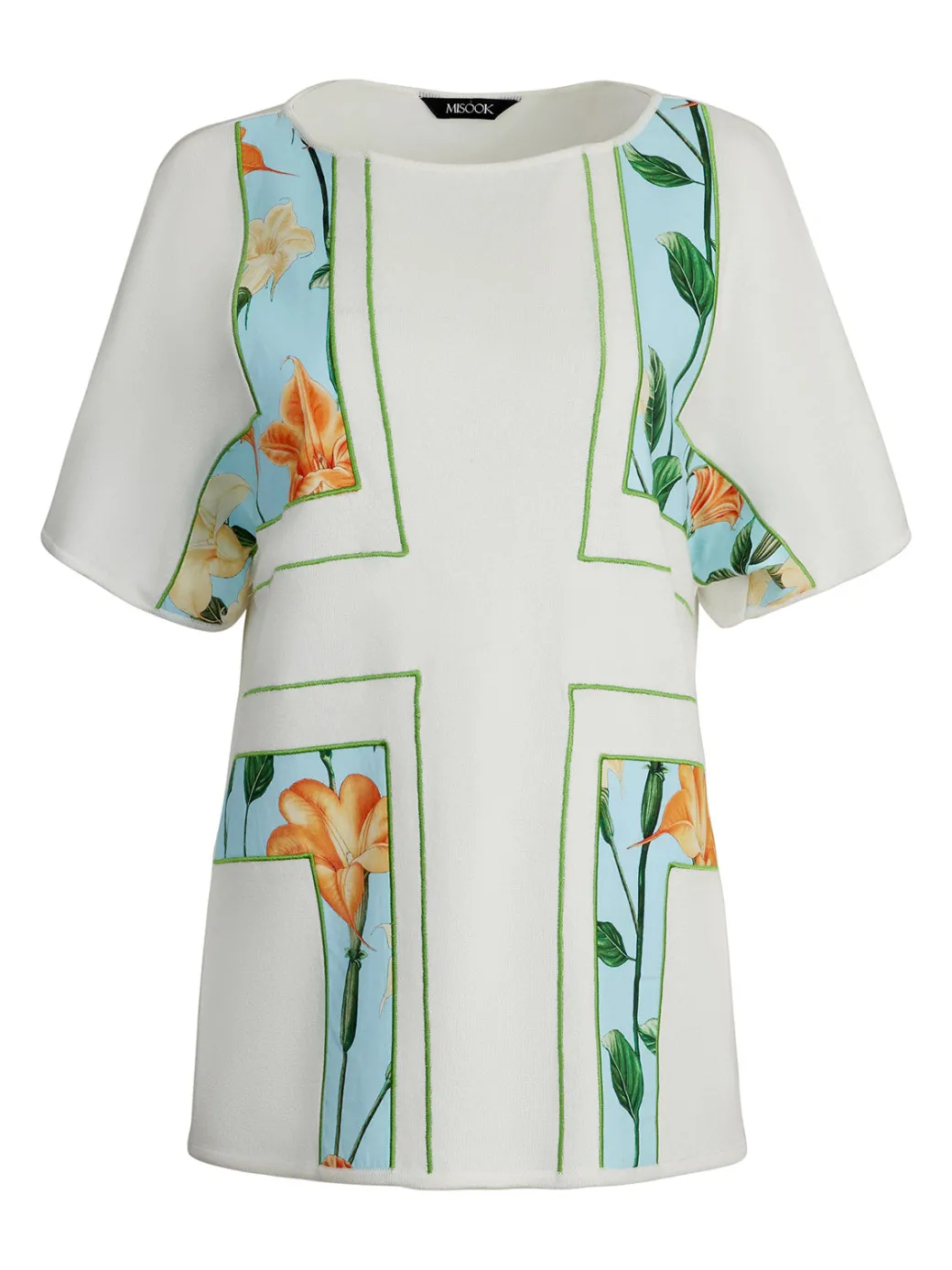 Dolman Sleeve Boat Neck Tunic - Cotton Floral Panel Soft Knit|Misook Fashion