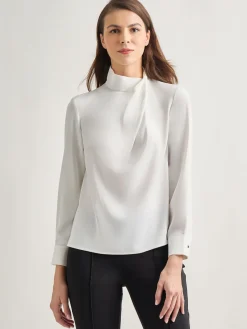 Draped Crepe de Chine Mock Neck Blouse|Misook Sale