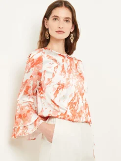 Flounce Sleeve Blouse - Jewel Neck Print Crepe de Chine|Misook Outlet