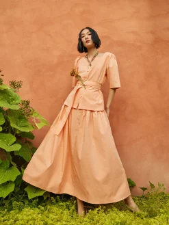 Godet Midi Skirt - Pleated Faux Cupro Silk|Misook Sale