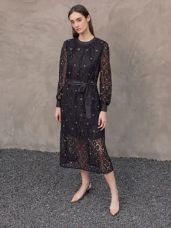 Gold Grommet Laced Shift Midi Dress|Misook Fashion