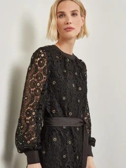 Gold Grommet Laced Shift Midi Dress|Misook Fashion