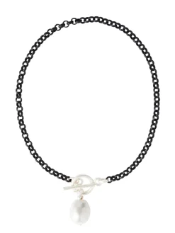 Handmade Black Rolo Link Toggle Necklace with Cotton Pearl Pendant|Misook Best