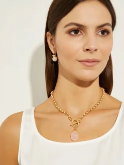 Handmade Rose Quartz Pendant Toggle Chain Necklace|Misook Sale