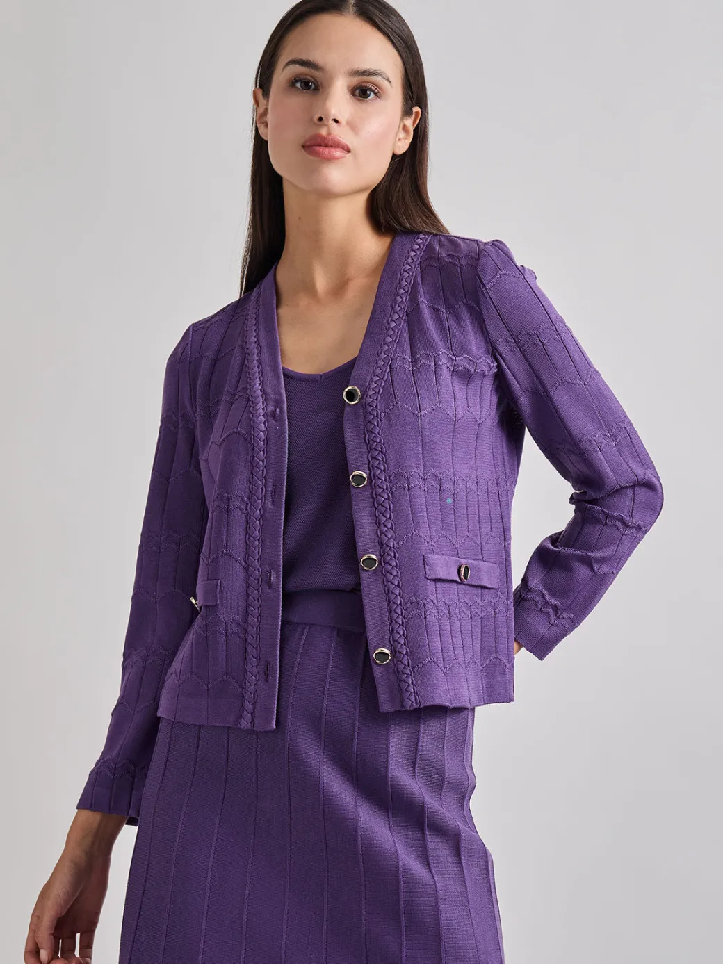 Heritage Fit Braided Trim Tonal Zig-Zag Knit Cardigan|Misook Outlet