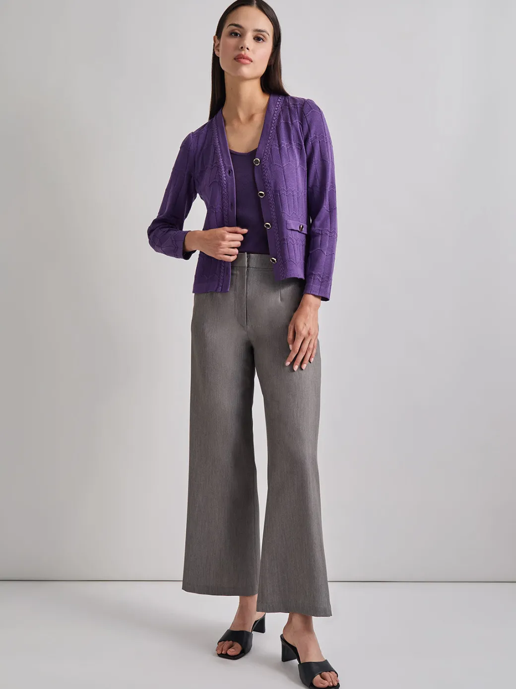 Heritage Fit Braided Trim Tonal Zig-Zag Knit Cardigan|Misook Outlet