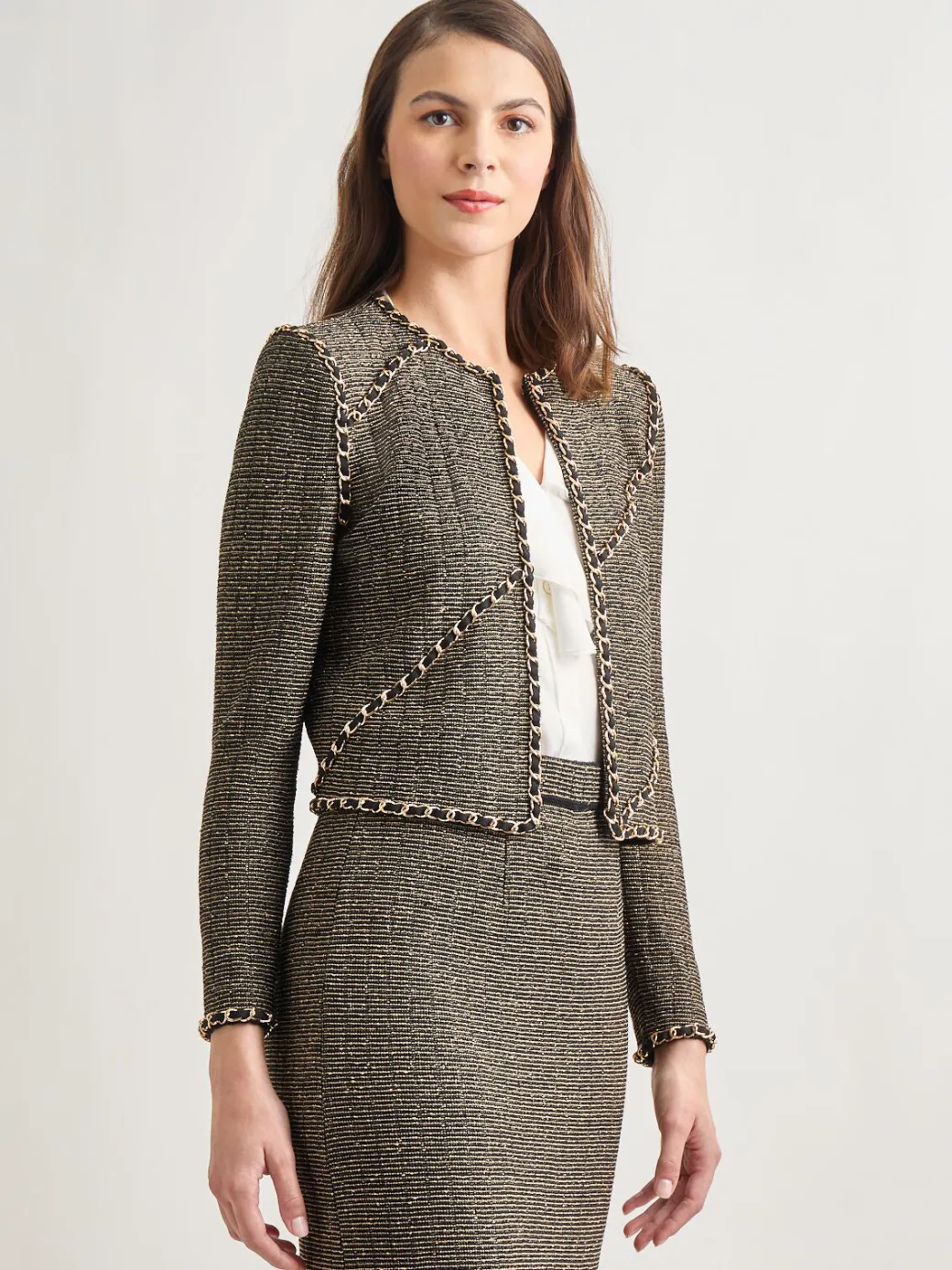 Heritage Fit Curbed Chain Trim Lurex Knit Jacket|Misook Hot