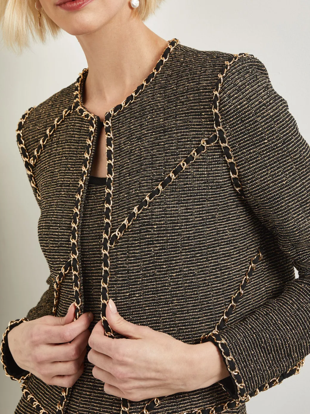 Heritage Fit Curbed Chain Trim Lurex Knit Jacket|Misook Hot