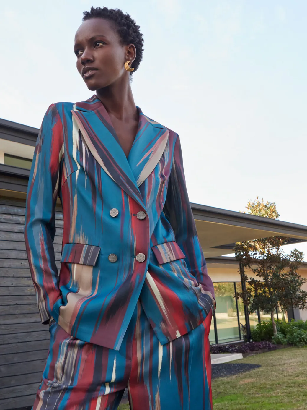 Heritage Fit Double-Breasted Brushstroke Woven Blazer|Misook New