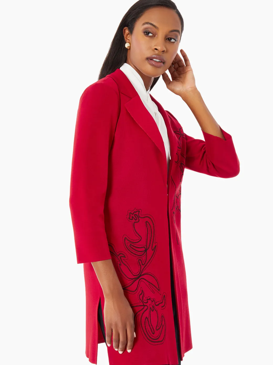 Heritage Fit Floral Embroidery Long Knit Jacket|Misook Fashion
