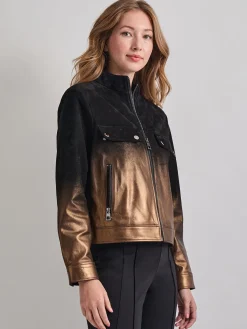 Heritage Fit Gold Ombre Suede Leather Trucker Jacket|Misook Discount