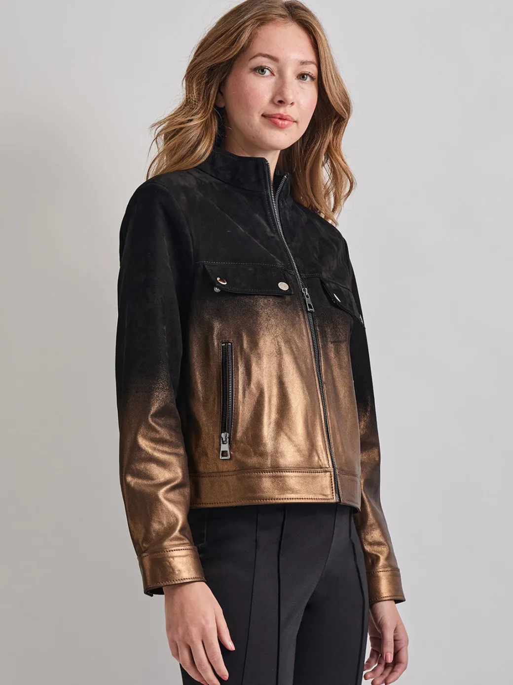 Heritage Fit Gold Ombre Suede Leather Trucker Jacket|Misook Discount
