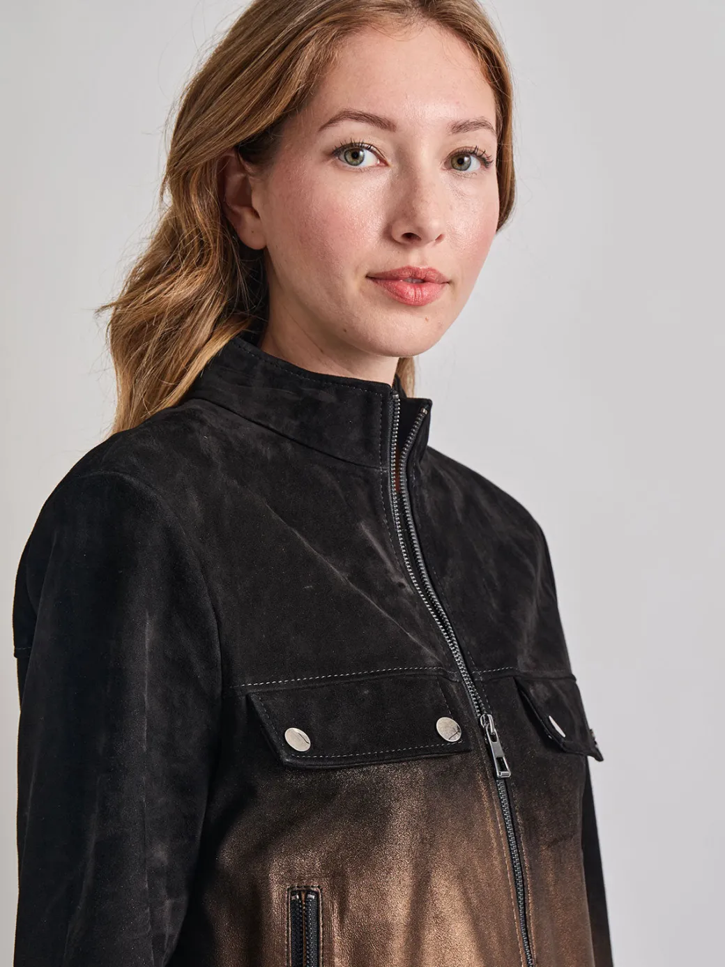 Heritage Fit Gold Ombre Suede Leather Trucker Jacket|Misook Discount