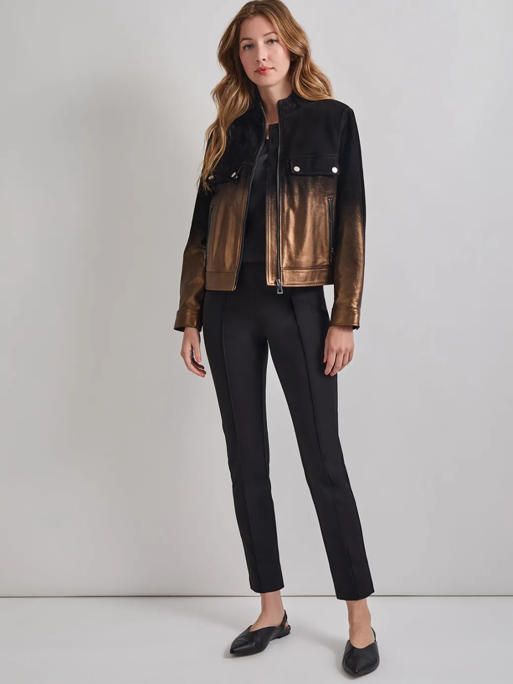 Heritage Fit Gold Ombre Suede Leather Trucker Jacket|Misook Discount