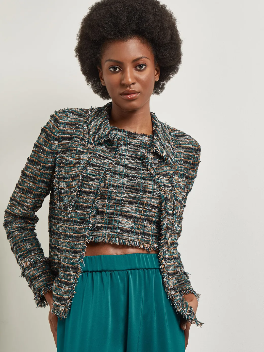 Heritage Fit Lapel Jacket - Fringe Trim Tweed Knit|Misook Online