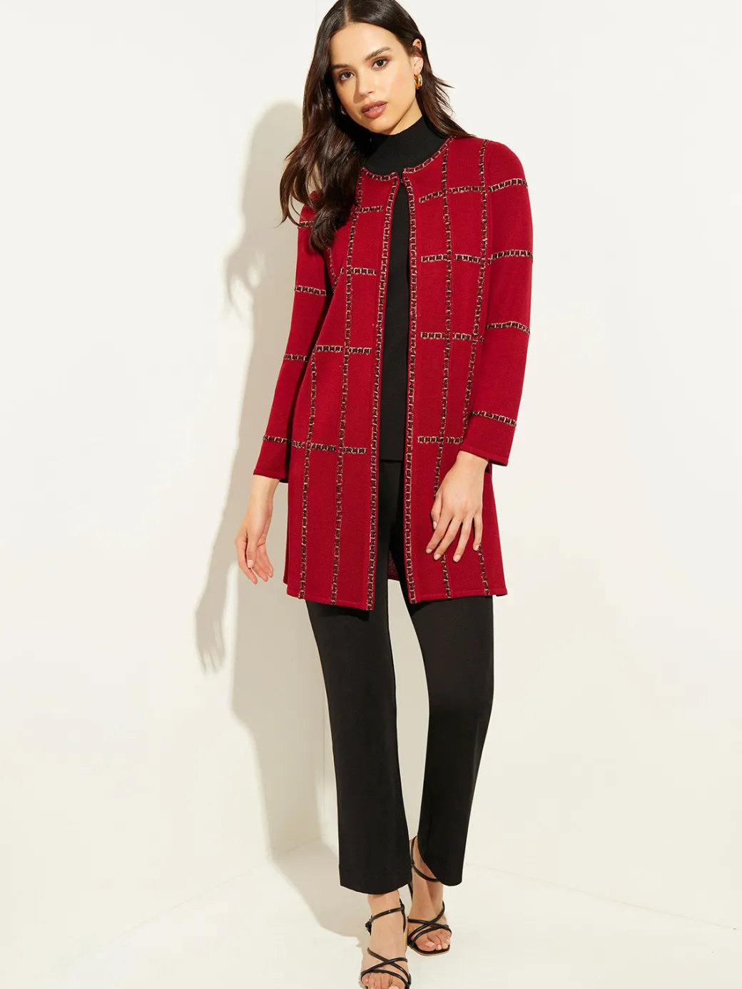 Heritage Fit Tweed Trim Windowpane Knit Duster|Misook Hot